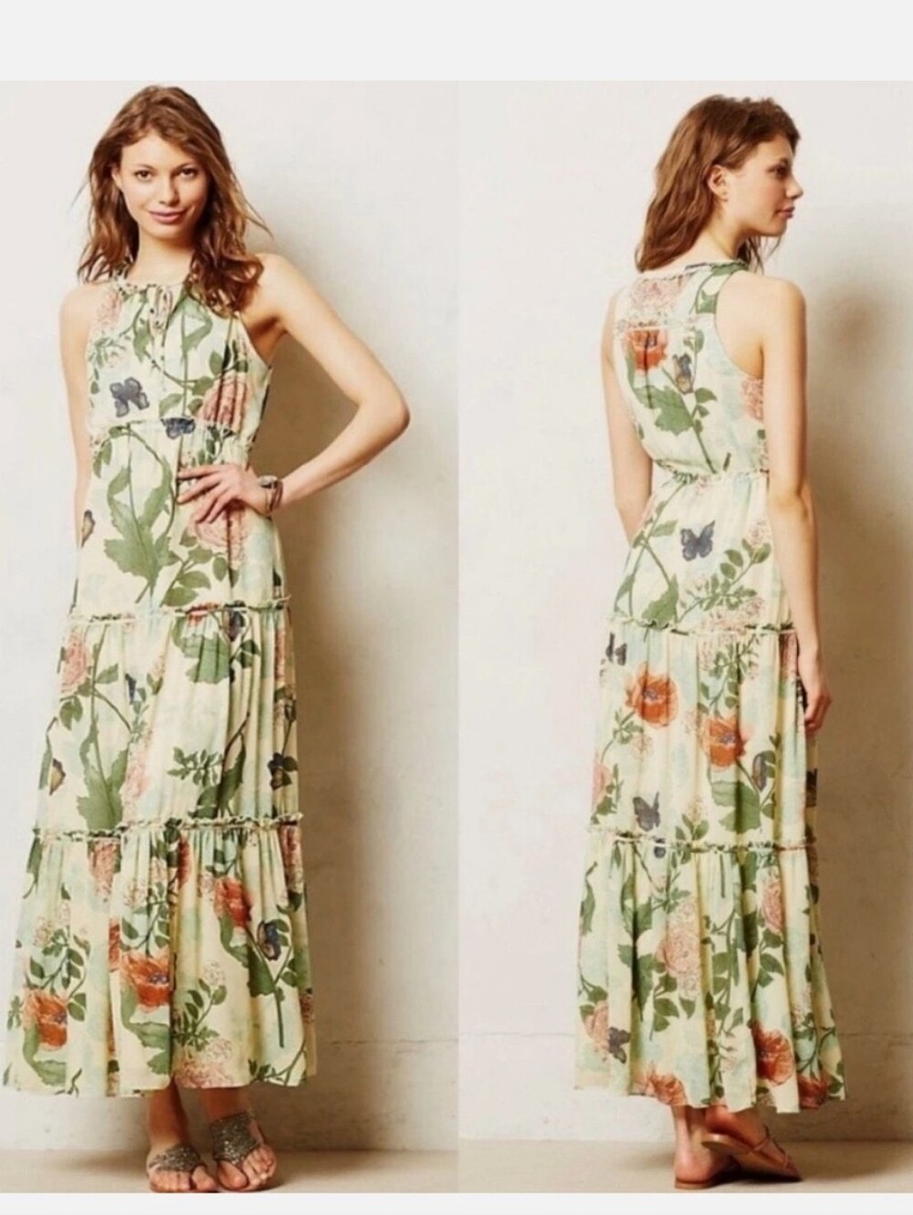 Maeve Anthropologie Maravilla Floral Butterfly Tiered Maxi Dress Boho Cottage 2P